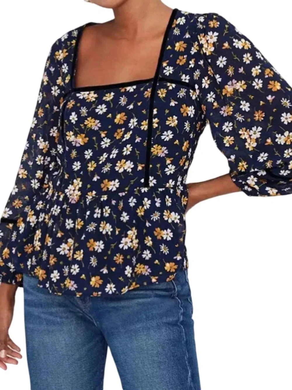 Madewell Velvet Trim Square-Neck Navy Floral Romantic Peasant Blouse Top SM EUC